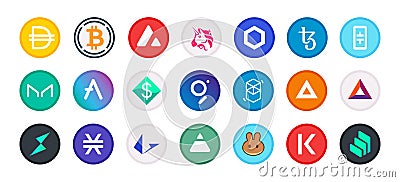 Cryptocurrency symbol, sign, set of vector coins for crypto currency logos. Flat DeFi crypto coins, electronic money Vector Illustration