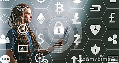 Cryptocurrency theme with young man using tablet Editorial Stock Photo