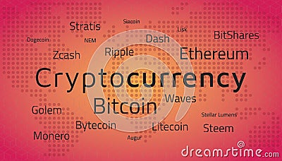 Cryptocurrency top names and world map. Editable eps10 Vector. Vector Illustration