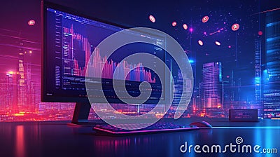 Cryptocurrency Trading Concept Computer Monitor Displaying Bitcoin Chart with Cityscape Background Stock Photo