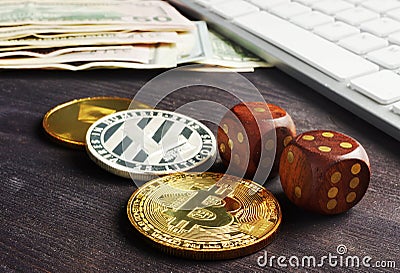Cryptocurrency trading. Crypto coins and dices. Bitcoin and ethereum. Editorial Stock Photo