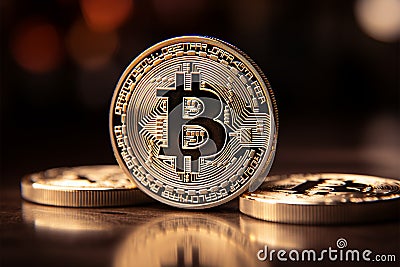 Cryptocurrency trio Bitcoin, revolutionary blockchain, and the virtual coin Stock Photo