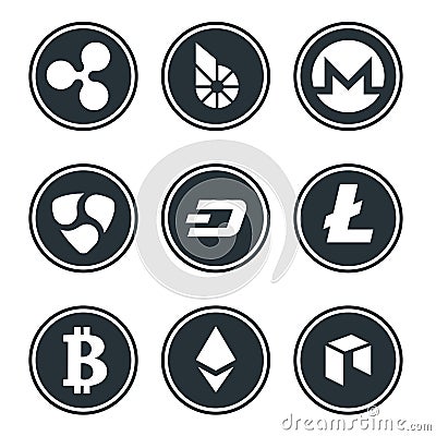 Cryptocurrency or virtual currencies icon set isolated Vector Illustration