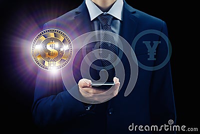 Cryptocurrency virtual screen. Business, Finance and technology concept. Bit coin, Ethereum block chain. Businessman with phone fo Editorial Stock Photo