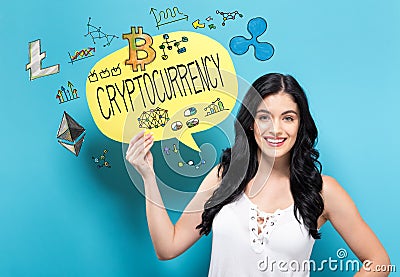 Cryptocurrency with woman holding a speech bubble Stock Photo