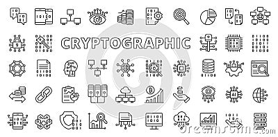 Cryptographic icons in line design. Cryptographic, encryption, security, cryptography, code, business isolated on white Vector Illustration