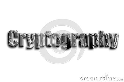 Cryptography. The inscription has a texture of the photography, which depicts several silver bitcoins Stock Photo