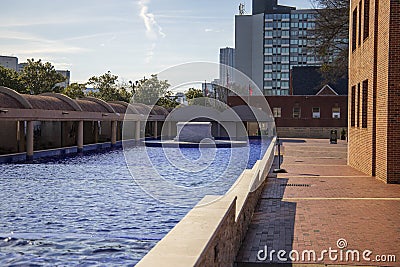 the crypts of Martin Luther King and Coretta Scott King with a pool of rippling water with blue tile, a red brick footpath Stock Photo