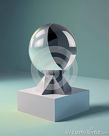 crystal ball catching the light and reflecting its surroundings. Podium, empty showcase for packaging product Stock Photo