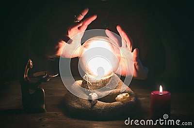 Crystal ball. The seance. Fortune teller table. Future reading. Stock Photo