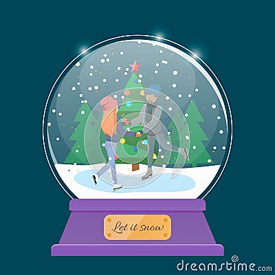 Crystal ball, snowball with snowy Christmas tree and happy couple man and woman skating on ice Vector Illustration