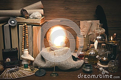 Crystal ball and tarot cards. The seance. Reading of fate and future. Stock Photo