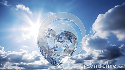 Crystal blue heart in the sky with clouds, bright sunlight. AI, generated Stock Photo