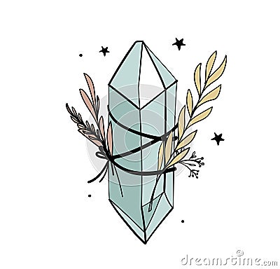 Crystal with branches and leaves, bohemian tattoo for witch, witchcraft concept, color boho illustration isolated on Vector Illustration