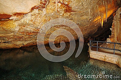 The crystal caves of Bermuda. Incredible formations of white stalactites covered with crystallized soda straws. Stock Photo