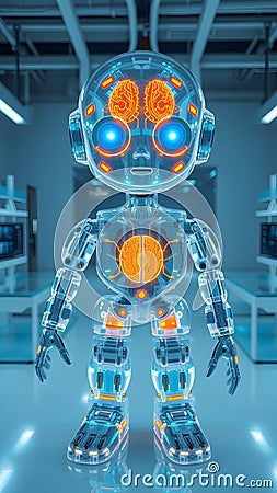 Crystal-Clear Android with Luminescent Neural Network and Glowing Golden Core in Minimalist Lab Stock Photo