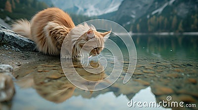 a crystal-clear lake surrounded by majestic mountains, a fluffy long-haired cat observes its reflection in the pristine water Stock Photo