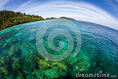 Crystal clear transparent waters in paradisiacal Ko Rok island in the andaman coast, Thailand. Fish eye shot Stock Photo