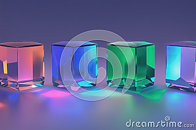 Crystal cubes or blocks with refraction effect of rays in glass. Clear boxes of acrylic or plexiglass, generative ai Stock Photo