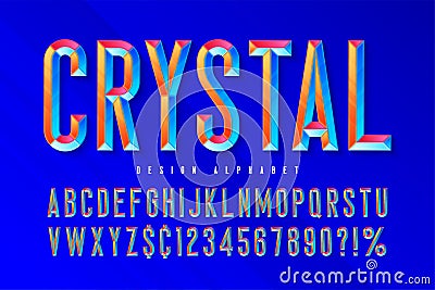 Crystal display font with facets, alphabet, letters and numbers. Vector Illustration