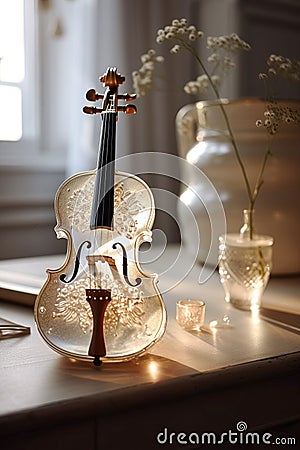 Crystal glass classic violin with golden ornaments in a calm ambiance Generative AI Illustration Stock Photo