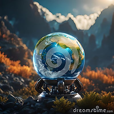 Crystal globe sphere illustration of a planet in the middle of nature. Concept alluding to the future of planet Earth due to the Cartoon Illustration