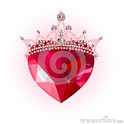 Crystal heart with crown Vector Illustration