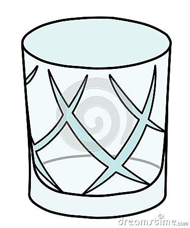 Crystal old fashioned whiskey tumbler rocks cocktail glass. Stylish doodle cartoon style gin colored vector illustration Vector Illustration