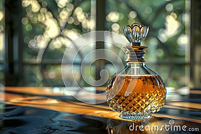 Crystal perfume bottle filled with golden fragrance sitting on table Stock Photo