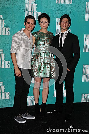 Crystal Reed, Tyler Posey, Dylan O'Brien at the 2012 MTV Movie Awards Press Room, Gibson Amphitheater, Universal City, CA Editorial Stock Photo
