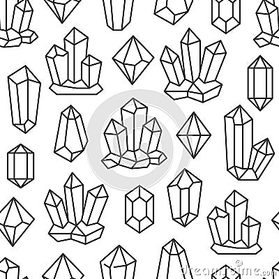 Crystal seamless pattern with line gemstone icons. Geometric mineral on white background with black polygonal stone Vector Illustration