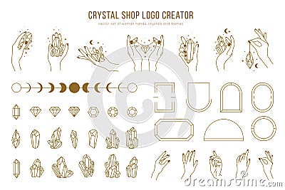 Crystal shop vector logo creator with different woman hands, frames, gemstones and female hands holding crystals. Trendy Vector Illustration