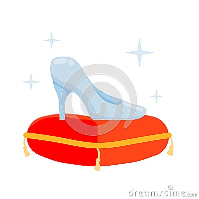 Crystal slipper on red pillow. Luxurious cushion, fabulous coronation. Glass shoes fairy tales. Vector Illustration