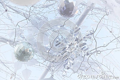 Crystal snow flake and all decoration on white Christmas tree. Stock Photo