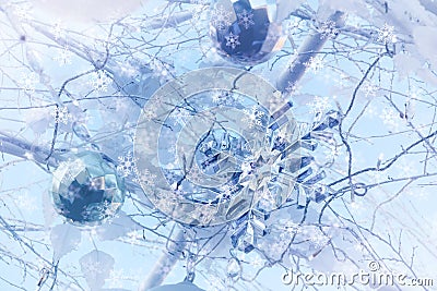 Crystal snow flake and on Christmas tree and snow flake effect f Stock Photo