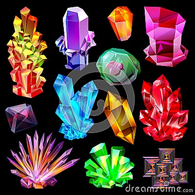 Crystal vector crystalline stone gem and precious gemstone for jewellery illustration set of jewel or mineral stony Vector Illustration