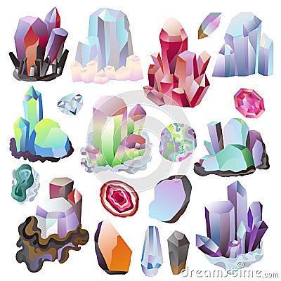 Crystal vector crystalline stone or precious gemstone for jewellery illustration set of jewel gem or mineral stony Vector Illustration