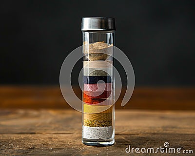 A crystal vial filled with different layers of colored sand, each layer representing a segment of data in a pie chart , advertise Stock Photo
