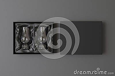 Crystal Whiskey Glasses gift hard box for branding. 3d render illustration. Cartoon Illustration