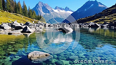 Crystalclear Alpine Lake Surrounded By Towering Snowcapped Peaks. Generative AI Stock Photo