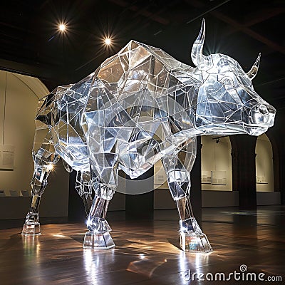 Crystalized bull in a museum of future extinct species,generative ai Stock Photo