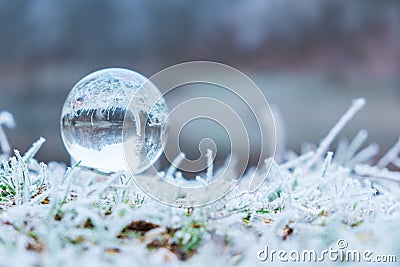 Crystall ball of a frozen nature. Winter background. Stock Photo