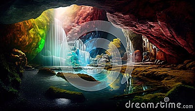 Crystall Cave Inside the Mountain Waterfalls Are Falling in Sunbeams Are Touching The Water and Crystals and Reflct the Light AI Stock Photo