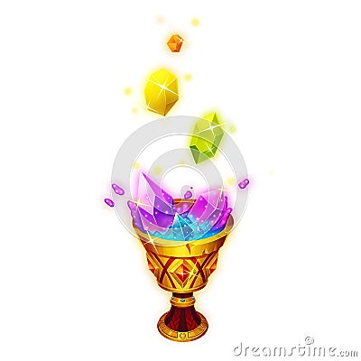 The Crystals Are Dissolving in the Holy Grail. Game Assets, Card Object isolated on White Background. Stock Photo