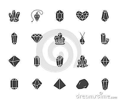 Crystals flat glyph icons set. Mineral rock, diamond shape, salt, abstract gemstone, magic crystal vector illustrations Vector Illustration