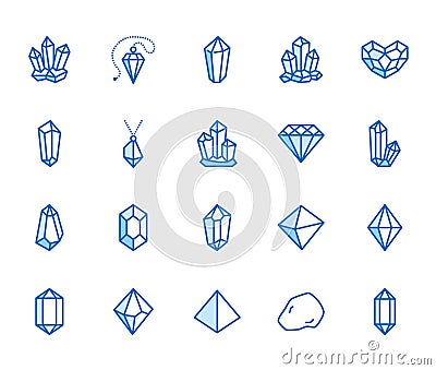 Crystals flat line icons set. Mineral rock, diamond shape, salt, abstract gemstone, magic crystal vector illustrations Vector Illustration