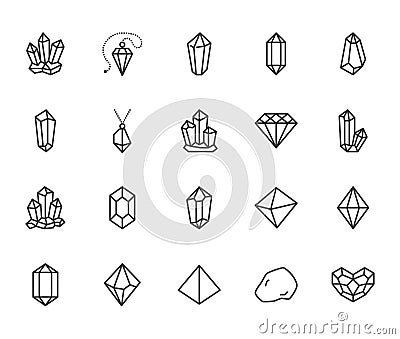 Crystals flat line icons set. Mineral rock, diamond shape, salt, abstract gemstone, magic crystal vector illustrations Vector Illustration