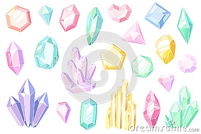 Crystals and gems. Pink and purple gemstones, beautiful jewels, mineral stone pastel crystal stalagmites, geology Vector Illustration