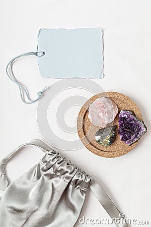 Crystals kit for calming and relaxation. Amethyst, roze quartz, labradorite gemstones Stock Photo