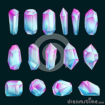 Crystals and minerals, vector cartoon illustration. Set of abstract raw gemstones. Bright gems design elements Vector Illustration